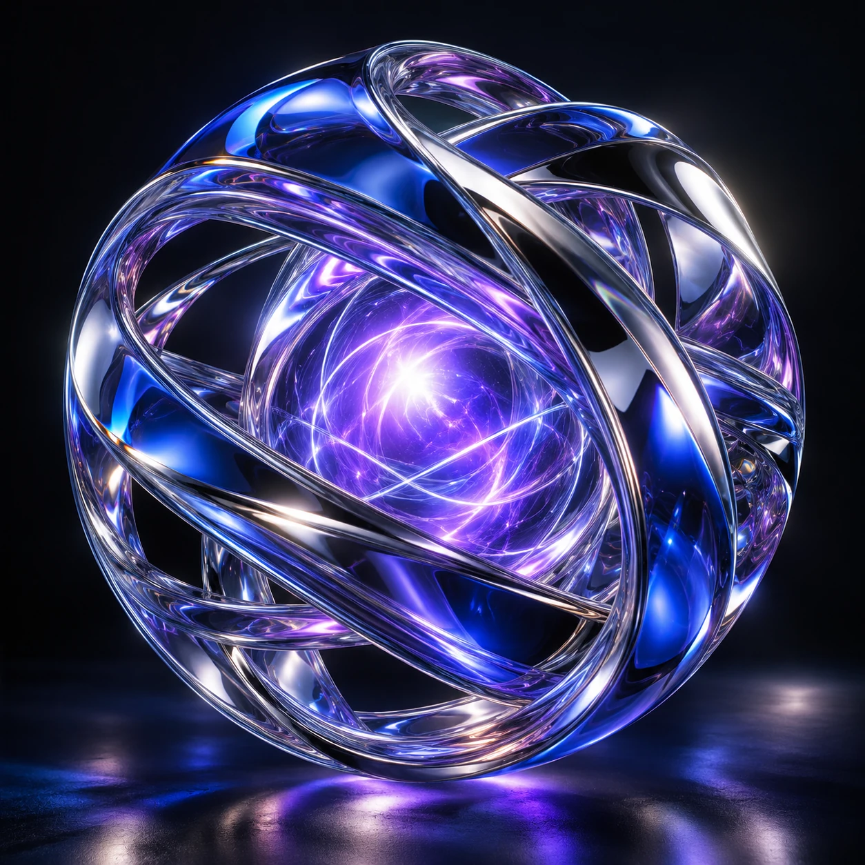 Núcleo de inteligência artificial em vidro e metal com luz violeta