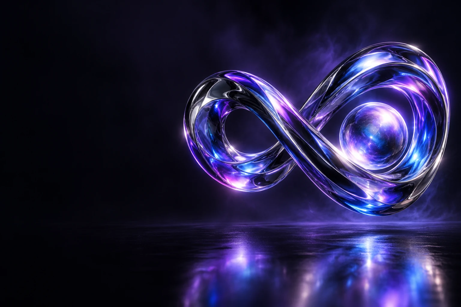 Escultura 3D em metal e vidro, iluminada em azul e violeta